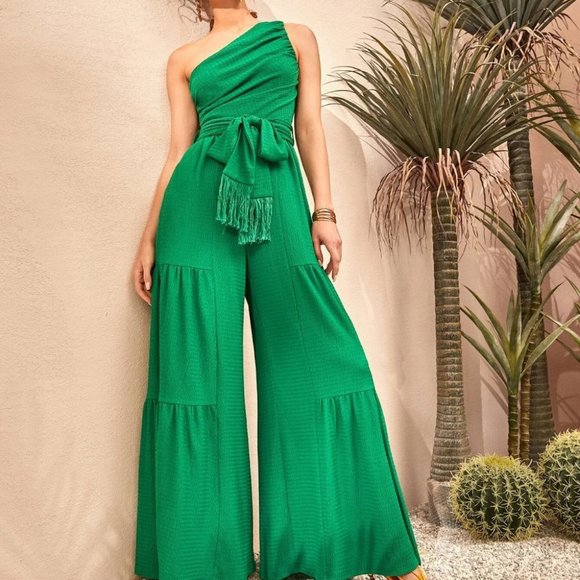 green Preppy Womens One Shoulder Wide Leg Belted Jumpsuit - Picture 2 of 5